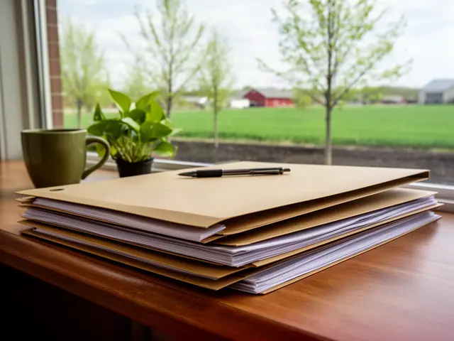 A neat stack of closed manila folders and a pen on a desk by a window.