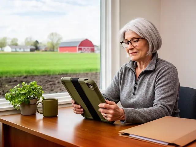 A woman with a silver bob and reading glasses reviewing a tablet at a desk in a small back office.