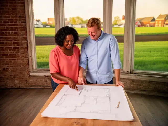 Two business partners looking over a pencil floor sketch in an empty storefront.