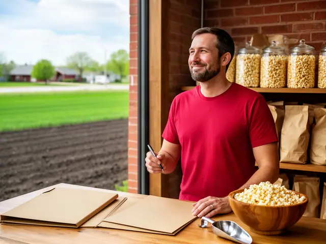 A man at a work table with a closed folder in a small popcorn and kettle-snack shop.